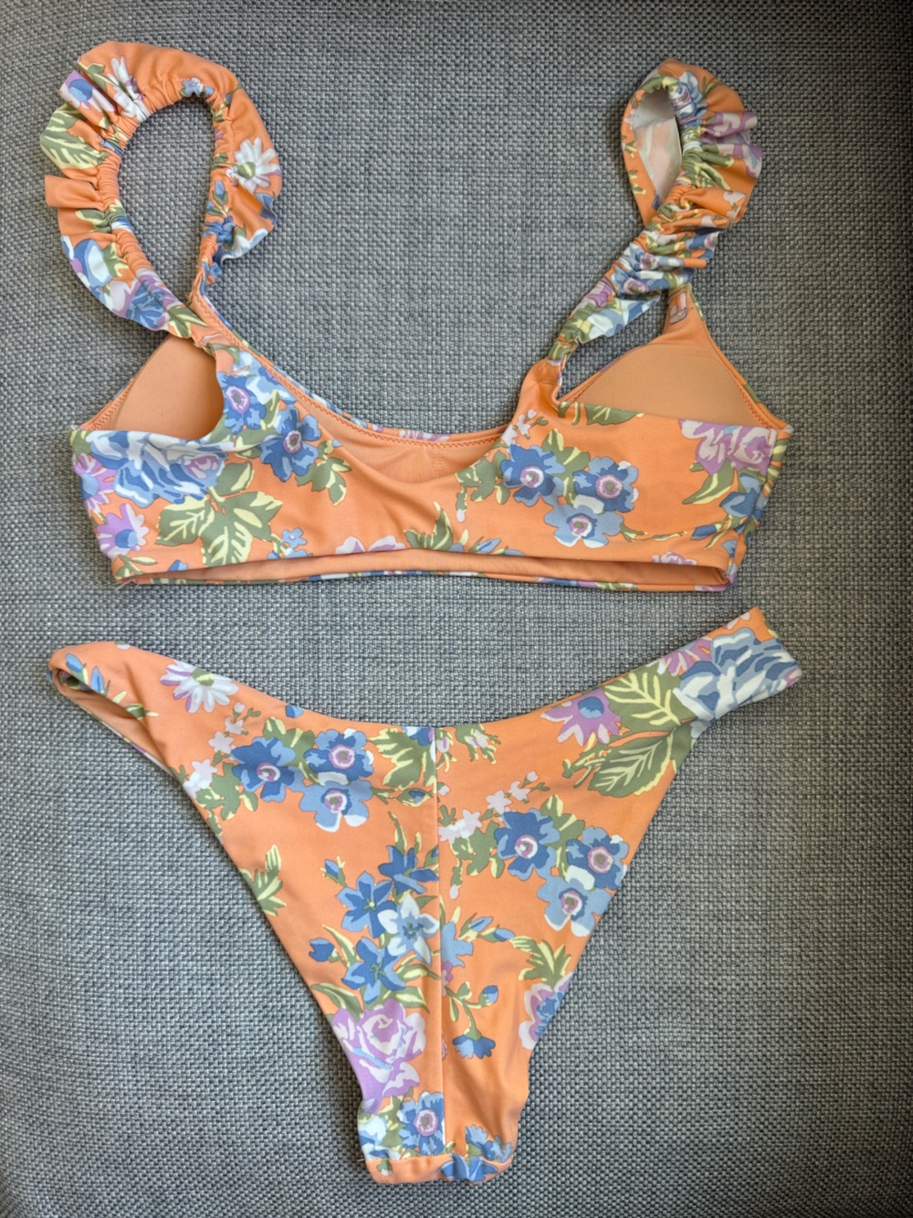 S Aerie Printed Ruffle Scoop Bikini Two Piece Matching Set Apricot Wash Swimsuit - Picture 3 of 12